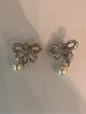 Delicate Silver Bow Pearl Drop Stud Earrings